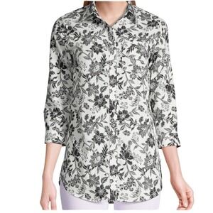 LANDS' END Women Floral Button Up Tunic Shirt Sz 4 Black White No Iron Supima